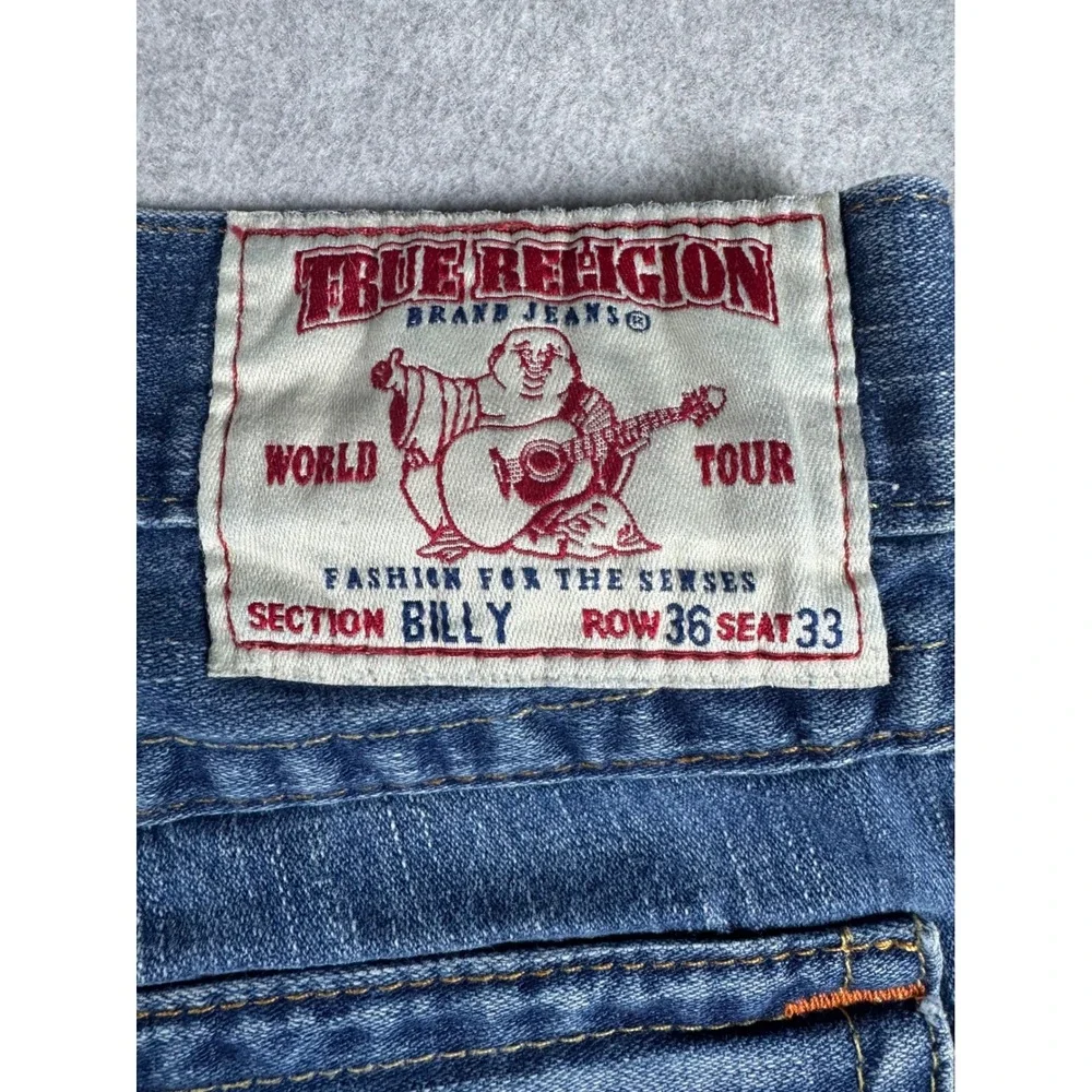 True Religion Billy Jeans Men 36 Blue Distressed Embroidered Mask USA Streetwear